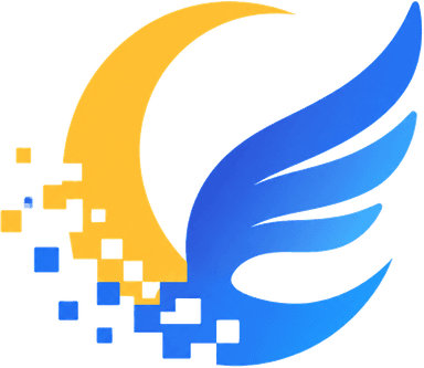 翔月軟體 logo：金色月牙與藍色羽翼